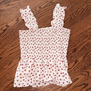 Amazon Essentials White and Red Floral Smocked Blouse